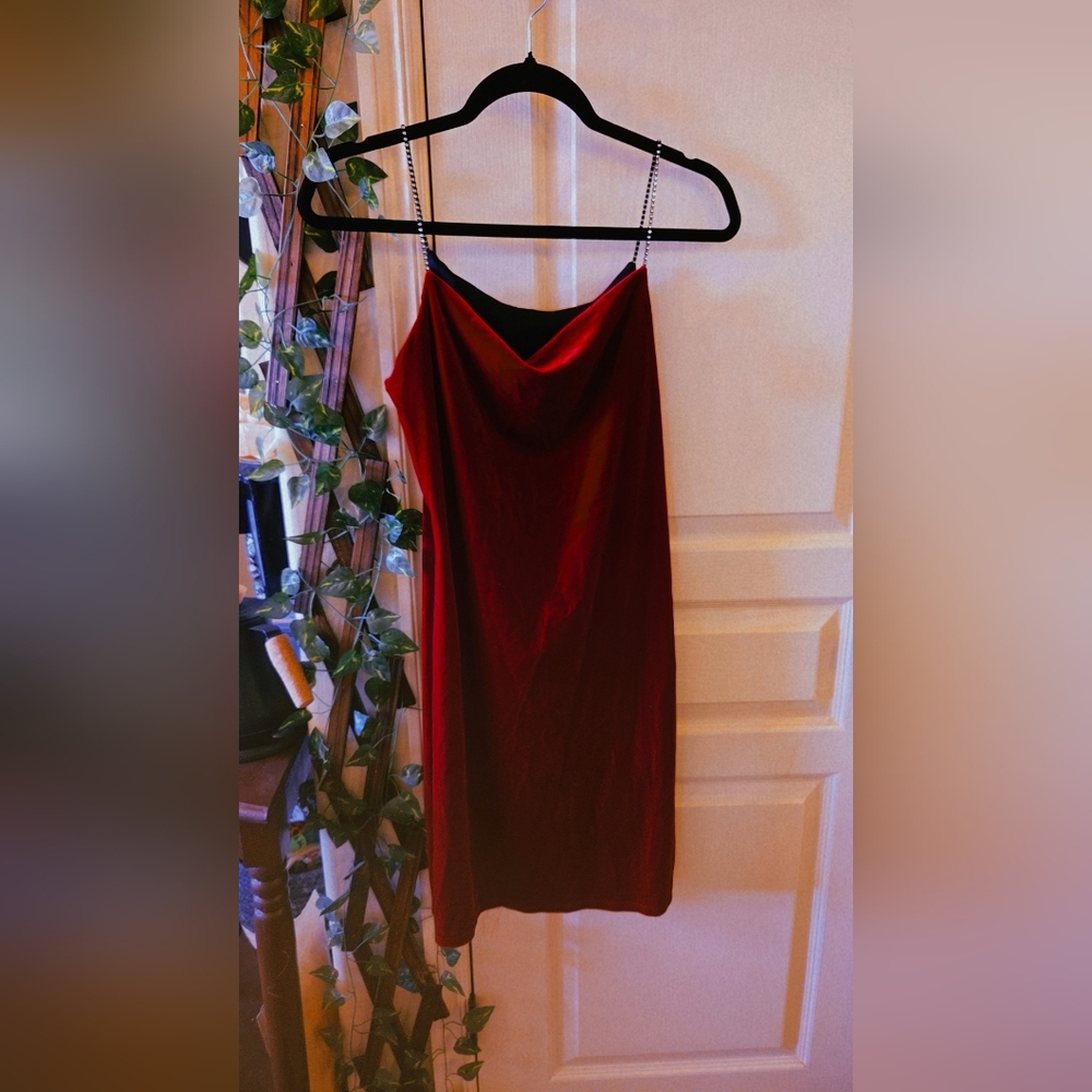 Vintage Red Velvet Cocktail Dress - Cowl Neck Line & Rhinestone Straps